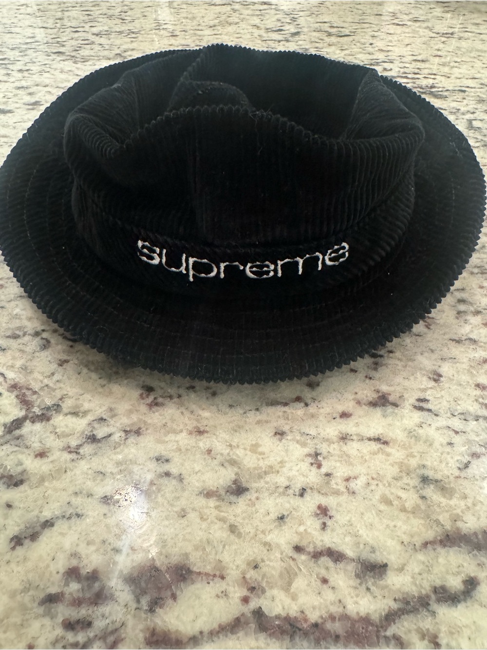 Supreme Black Corduroy Bucket Hat with White Embroidered Logo